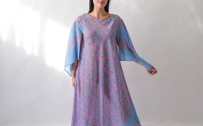 Vintage 70s Saks Fifth Ave. Sky Blue Lilac Floral Print Maxi Dress w/ Hand Rolled Fairy Sleeves Made in Italy 1970s Designer Boho Dress image 6