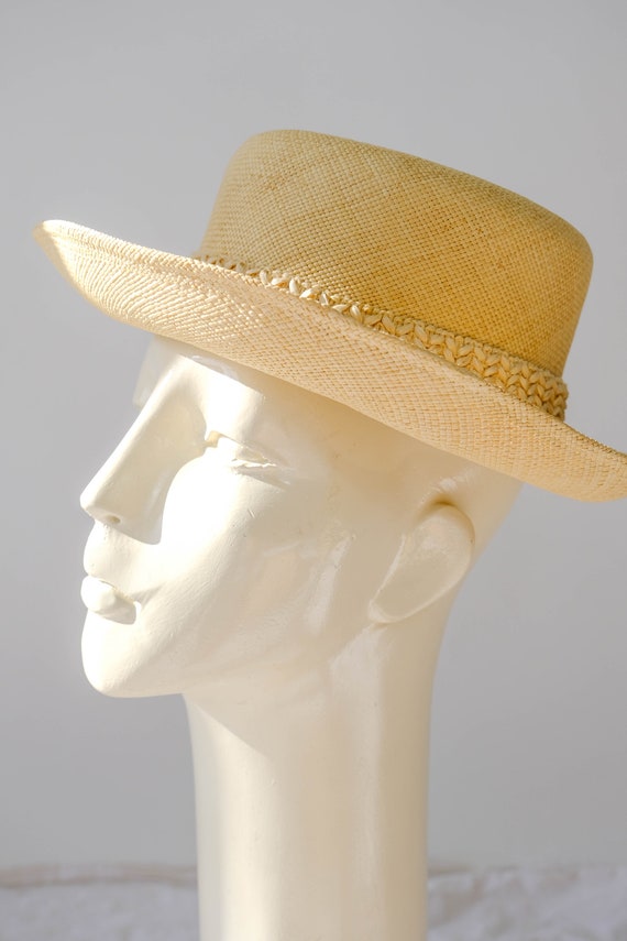 Vintage 70s Adolfo Natural Straw Fedora Sun Hat w… - image 2