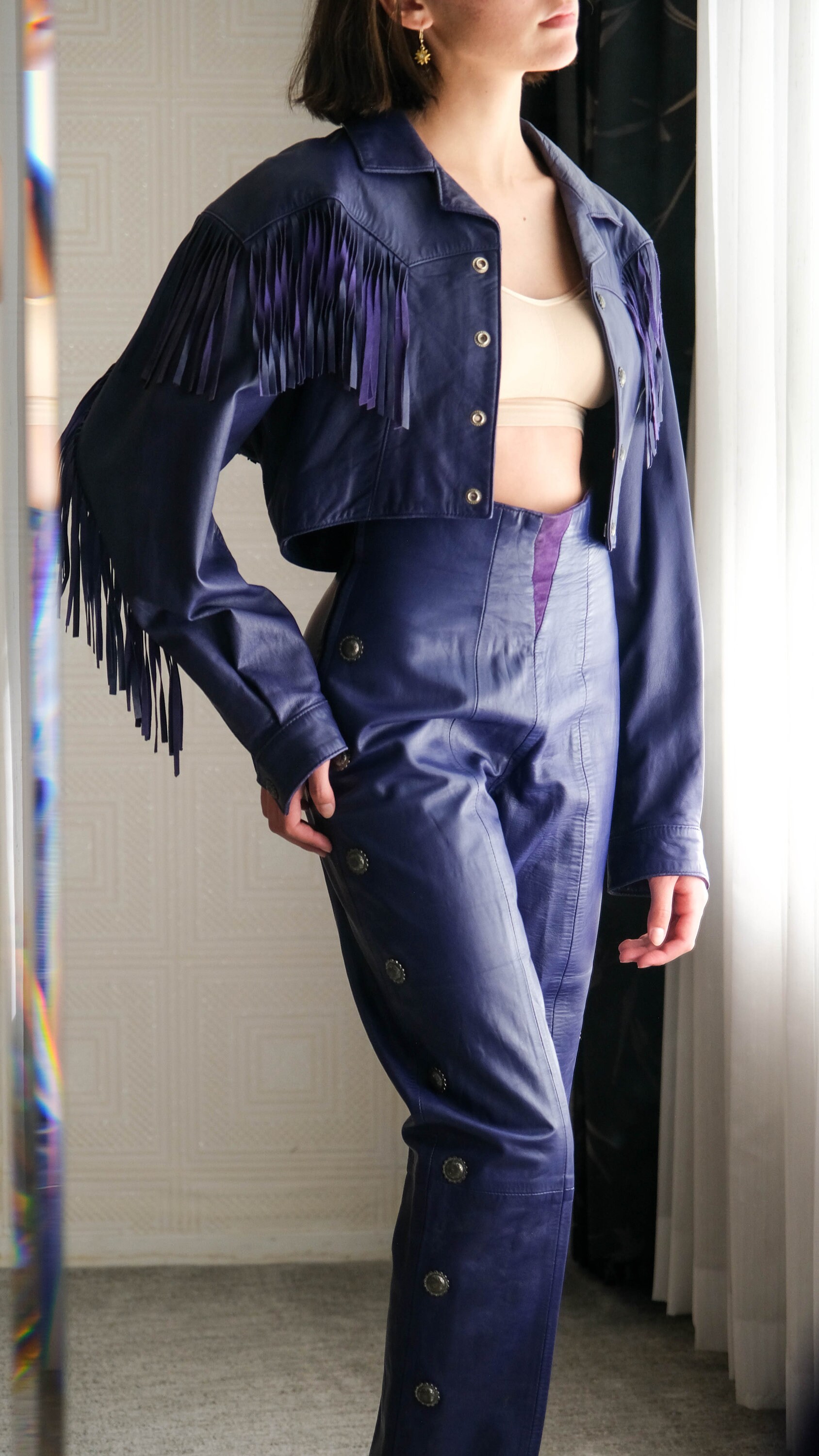 Vintage 80s MICHAEL HOBAN Purple Genuine Leather Cropped Western