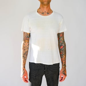 Vintage 70s Military Stenciled Distressed Blank White Single Stitch Tee Shirt | Made in USA | Paper Thin, Threadbare | 1970s Blank T-Shirt