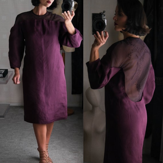 Salvatore Ferragamo, SALVATORE FERRAGAMO Plum & Black Structured Silk Avant Garde Illusion Dress | Made in Italy | 100% Silk | 2000s Y2K FERRAGAMO Designer Dress
