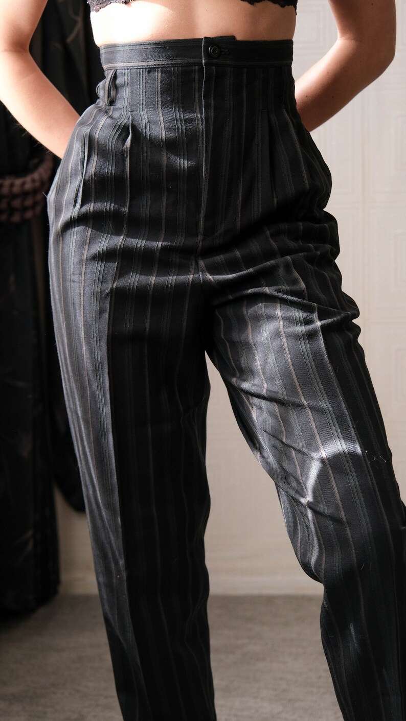 Vintage 80s MATSUDA Black & Dark Green Textured Stripe Gabardine High Waisted Tapered Pants Made in Japan 1980s Japanese Designer Pants image 5