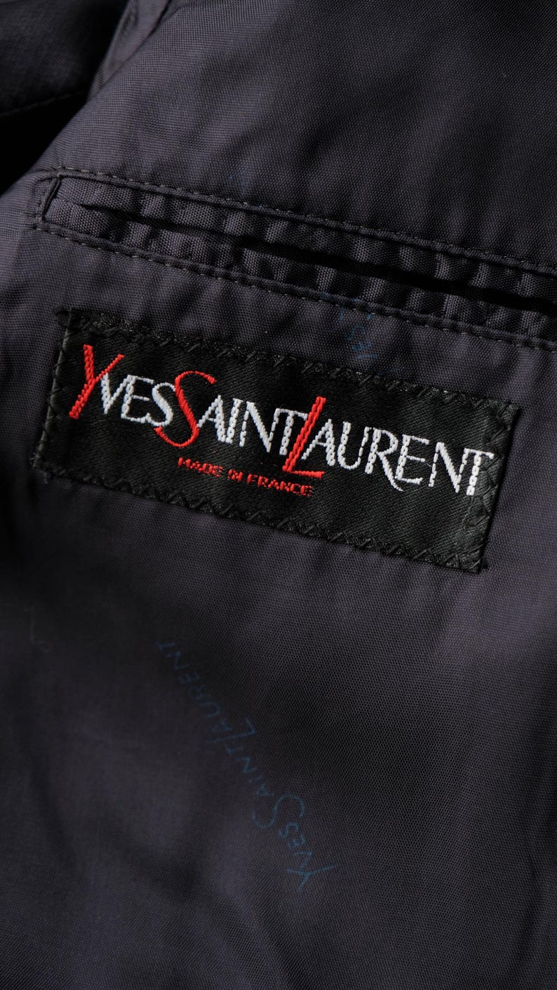 Yves Lettering Vintage 70s Yves Saint Laurent Navy Gabardine Three Piece Flare Leg ...