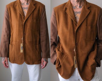 Vintage 90s LA MATTA Saddle Suede & Linen 3 Button Blazer Unworn w/ Tags | Made in Italy | 100% Genuine Leather | 1990s Designer Blazer