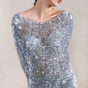 Vintage 90s Silver Sequined Mohair Cashmere Blend Mesh Knit Mini Sweater Dress 1990s Y2K Designer Glamorous Sequined Tunic Sweater Dress image 4