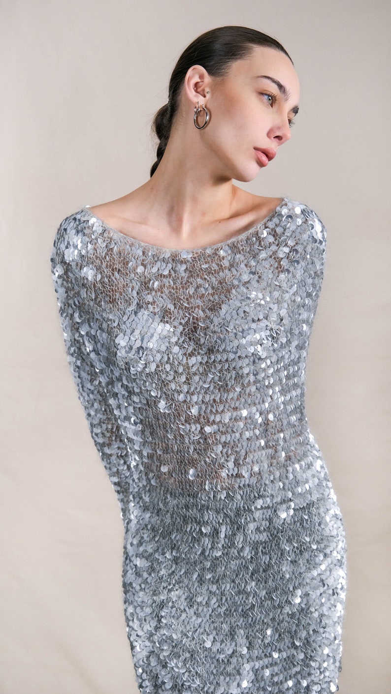 Vintage 90s Silver Sequined Mohair Cashmere Blend Mesh Knit Mini Sweater Dress 1990s Y2K Designer Glamorous Sequined Tunic Sweater Dress image 4