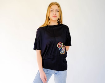 Vintage 80s Escada Black Silk Short Sleeve Blouse w/ Vibrant Floral Embroidery | Made in W. Germany | 100% Silk | 1980s Designer Silk Shirt