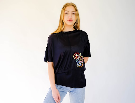 Escada, Vintage 80s Escada Black Silk Short Sleeve Blouse w/ Vibrant Floral Embroidery | Made in W. Germany | 100% Silk | 1980s Designer Silk Shirt