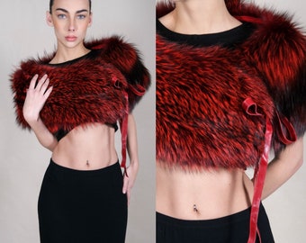 Vintage SALVATORE FERRAGAMO Asymmetrical Ruby & Black Fox Fur Collar Stole | Made in Italy |  100% Genuine Fur | 2000s Y2K Designer Stole