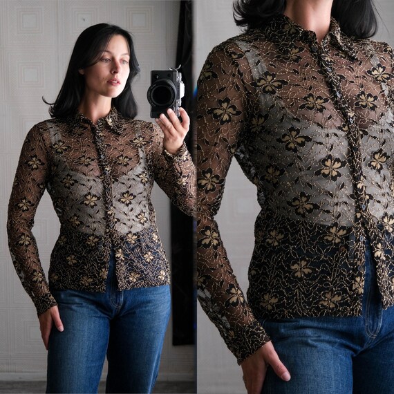 Vintage ANNE FONTAINE Black & Gold Floral Lurex Sheer Knit Vintage ANNE FONTAINE Black & Gold Floral Lurex Sheer Knit