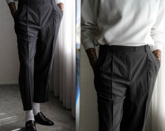 Vintage 80s ZANELLA for Saks Fifth Avenue Charcoal Birdseye Check Pleated Slacks | Made in Italy | 100% Wool | 1980s Italian Designer Pants