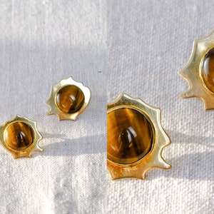 Vintage 80s Joyce Quintana Signed Gold Plated Sterling Silver & Tiger Eye Stone Earrings Sterling Silver .925 1980s Avant Garde Jewelry image 1