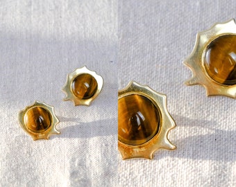 Vintage 80s Joyce Quintana Signed Gold Plated Sterling Silver & Tiger Eye Stone Earrings | Sterling Silver .925 | 1980s Avant Garde Jewelry