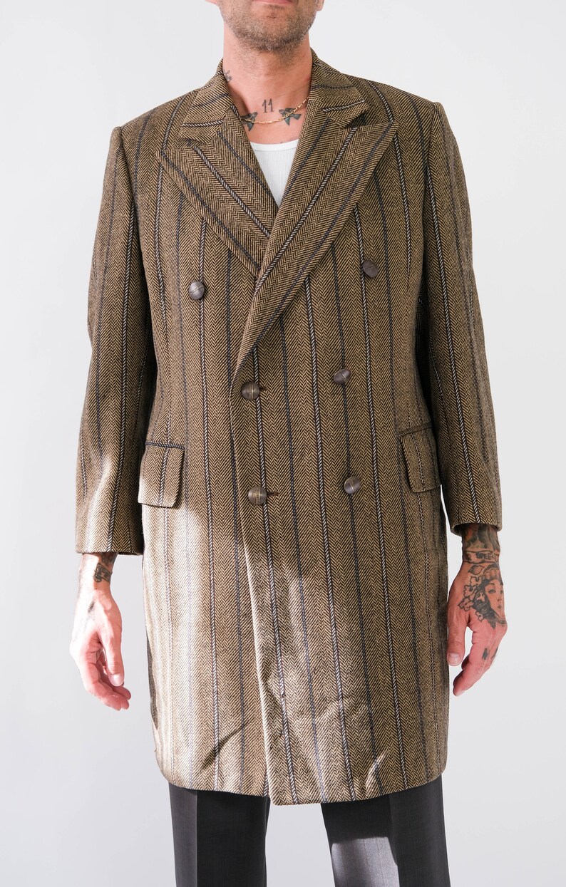 Vintage 60s GEOFFREY BEENE COLLETION Caramel Herringbone Stripe Double Breasted Overcoat w/ Brass Logo Buttons 1960s Designer Winter Coat image 3
