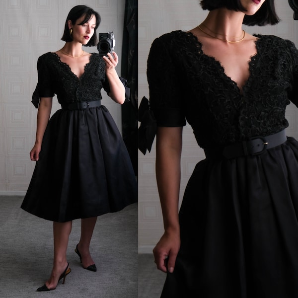 Vintage 80s Oscar De La Renta for Lillie Rubin Black New Look Belted Dress w/ Lace Bodice & Bow Sleeves | Made in USA | 1980s Designer Gown