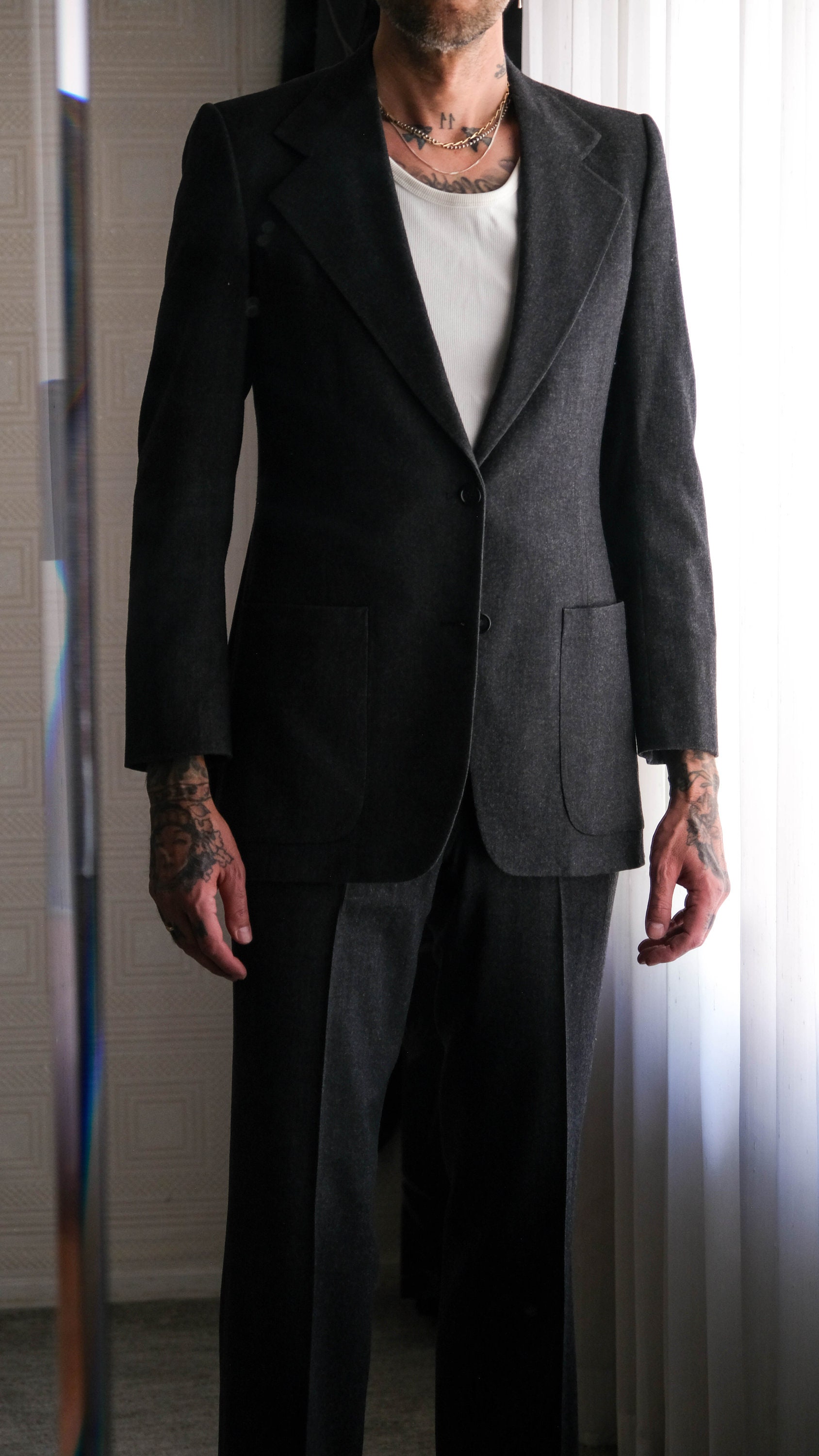 Vintage 70s PIERRE CARDIN Charcoal Flannel Wool Wide Lapel Flare