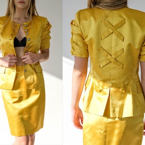 Vintage 80s Rena Lange Tuscany Yellow Silk Broad Shoulder & High Waisted Skirt Suit | Made in West Germany | 100% Silk | 1980s Designer Set