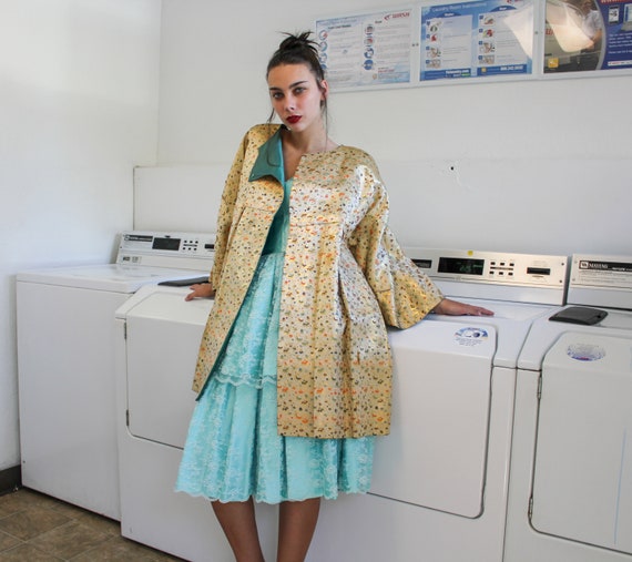 50s Asian Print Satin Swing Coat | Vintage 1960s c