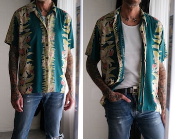 Vintage Avanti Original 50s Style Green Hawaiian Leaf Print Silk Loop Collar Shirt | 100% Silk | Y2K Does 1950s Designer Hawaiian Silk Shirt