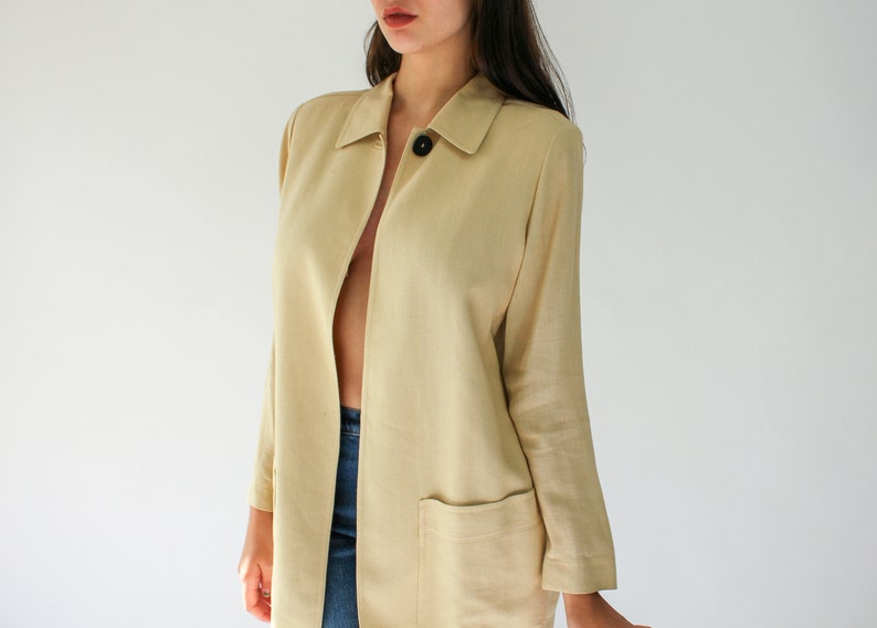 Vintage Dana Buchman Single Button Linen and Rayon Blazer Bohemian Dana Buchman Designer Minimalist, Single Button Linen Cape Jacket image 3