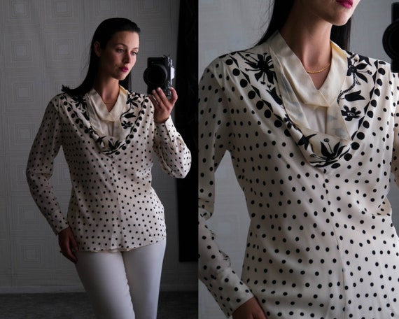 Vintage 80s Gianni Versace Ivory & Black Silk Lay… - image 1