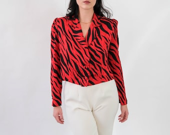 Vintage 80s Julie Francis Red & Black Jacquard Zebra Print Bold Shoulder Cropped Silk Blouse | 100% Silk | 1980s Designer Bolero Style Top