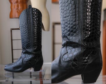 Vintage 80s ARLENE LA MARCA Croc Embossed Leather Tall Western Boots | Made in Italy | Size 8.5 | Leather | 1980s Designer Patent Boots