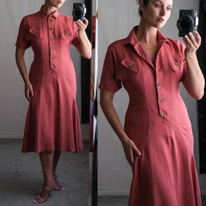 Vintage 90s LUNE POUR VOUS French Salmon Pink Hourglass Button Front Mermaid Hem Dress | Linen/Rayon Blend | 1990s French Designer Dress