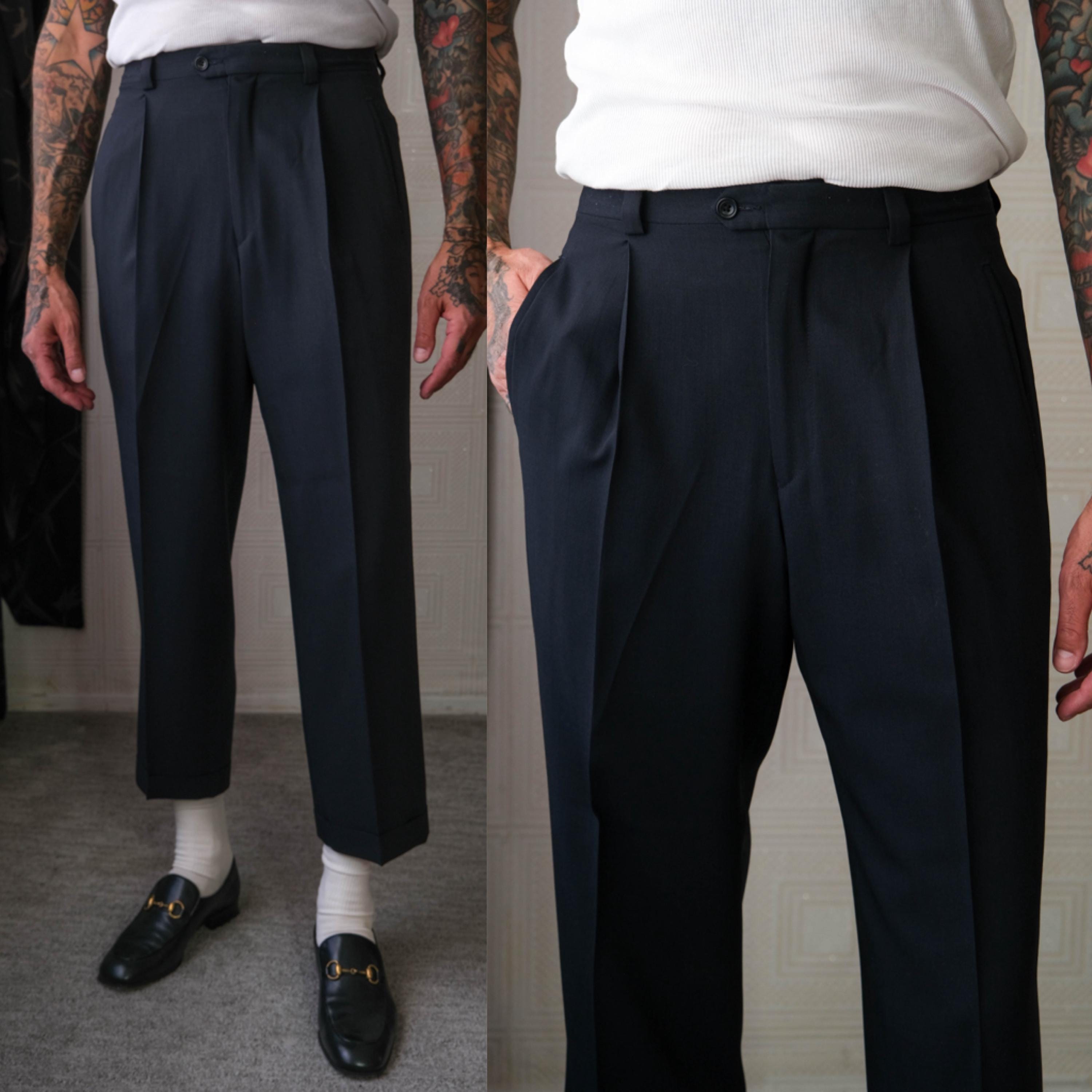 Vintage 80s Italian Black Crepe Gabardine Cuffed Slacks W/ Jetted