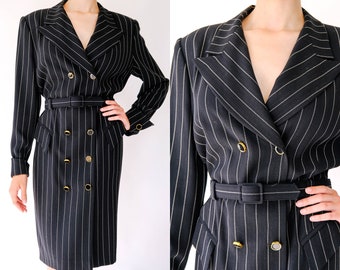 Vintage 90s Escada Black & White Sparkle Pinstripe Double Breasted Blazer Dress w / Logo Buttons / Made in Germany / 1990s Designer Dress