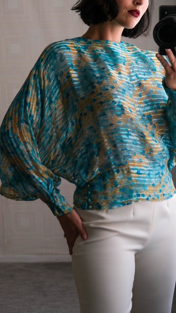 Vintage 70s THE SILK FARM Styled Blue & Yellow Sh… - image 5