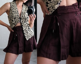 Vintage 80s Claude Montana Linen Burgundy Plum Lace Up High Waist Shorts W/ Pleats | Made in Italy | 1980s French Designer Power Shorts