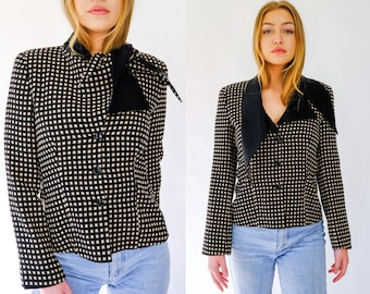 Vintage 80s Giorgio Armani Black & Tan Windowpane Asymmetrical Scarf Collar Cropped Blazer | Made in Italy | 1990s Designer Silk Wool Jacket