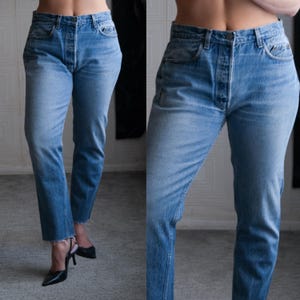 Vintage 80s LEVIS 501 Original Button Fly Whiskered Medium Distressed Jeans | Made in USA | Size 33x28 | 1980s LEVIS Unisex Denim Pants