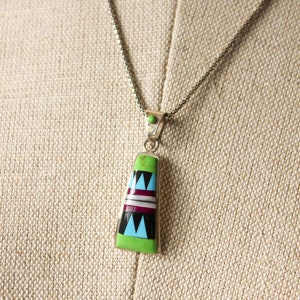 Vintage Italian Sterling Silver Necklace w/ Tribal Glass Zig Zag Charm Made in Italy Missoni Style, Pattern on Pattern, Boho Necklace image 4