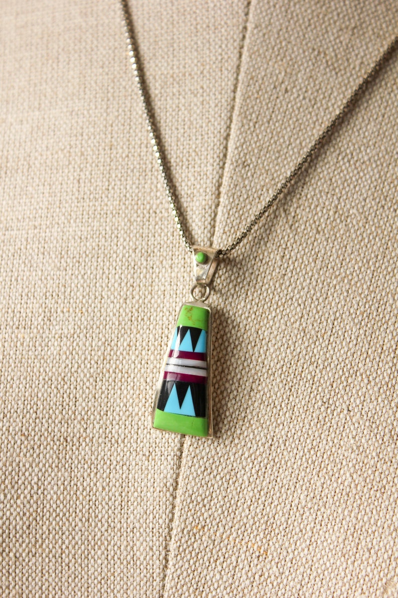 Vintage Italian Sterling Silver Necklace w/ Tribal Glass Zig Zag Charm Made in Italy Missoni Style, Pattern on Pattern, Boho Necklace image 4