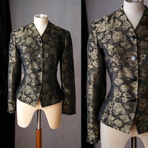 Vintage 80s Christian Dior Shimmering Metallic Gold & Black Floral Jacquard Cropped Collarless Jacket | 1980s Dior Designer Bolero Jacket