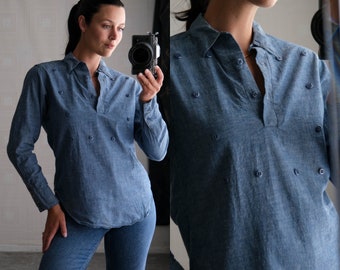 Vintage 80s Ralph Lauren Western Wear Chambray Bib Pullover Shirt | 100% Cotton | 1970s 1980s RL Polo Country Western Womens Chambray Shirt