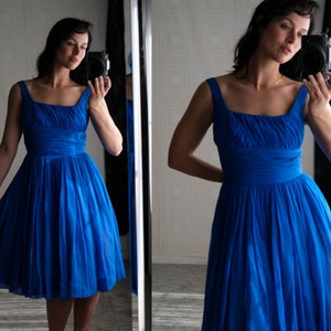 Vintage 50s Cerulean Blue Silk Chiffon Rouged Waist Cocktail Dress | 100% Silk Chiffon | 1950s Designer Party, Prom, Pinup, Evening Dress