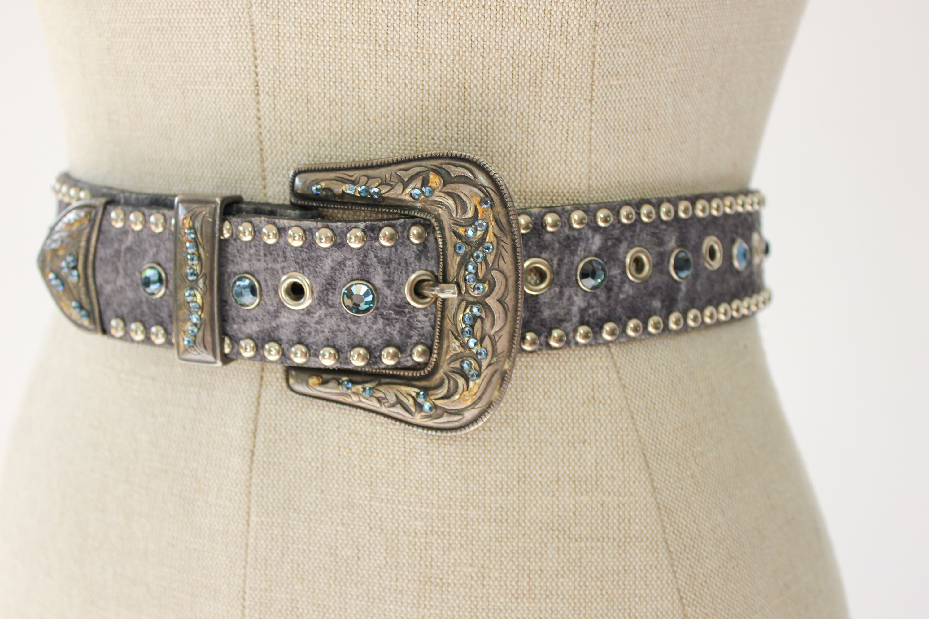 Vintage Womens Western Studded Rhinestone Gray Leather Belt | Made in USA | Genuine Leather ...
