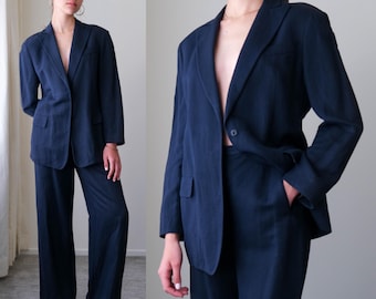 Traje de pantalón holgado de Giorgio Armani, color azul marino intenso, mezcla de lino y rayón, con solapa de muesca, estilo vintage de los años 90 / Hecho en Italia / Traje de diseñador Armani de los años 90