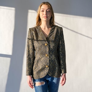 Vintage 80s Givenchy Gray & Metallic Gold Floral Brocade Broad Shoulder Blazer w/ Gold Wire Buttons Made in France 1980s Designer Jacket image 3