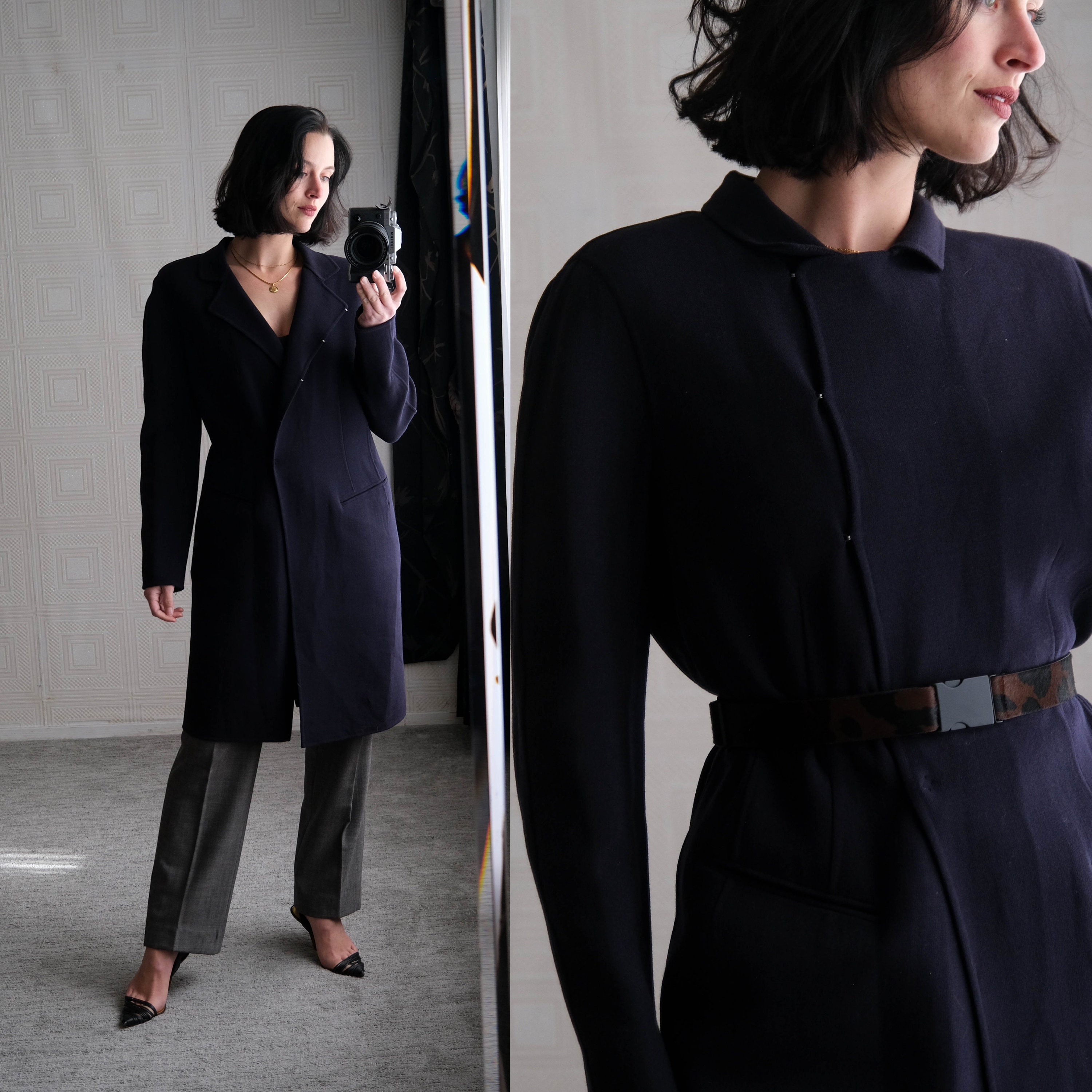 Vintage DONNA KARAN etiqueta negra lana azul estiramiento longline abrigo desestructurado con cinturon de cuero pony hair disenado Y2K DKNY chaqueta de disenador Etsy Mexico