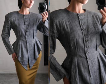 vintage des années 80 CLAUDE BARTHELEMY lin gris avant-garde exagérée veste chemisier à basque | Fabriqué en France | 100 % lin | Pochette design des années 80