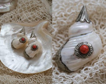 Vintage Tibetan Ritual Conch Shell Set w/ Silver & Stone Accents | Buddhist Altar Decor | Himalayan Spiritual Art | Boho Luxe Decor