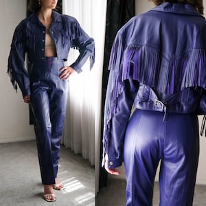 Vintage 80s MICHAEL HOBAN Purple Genuine Leather Cropped Western Fringe Jacket & Matching Concho Pant Set | High Waist | 1980s Designer Suit
