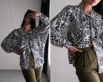 80s Capriccio Black & White Leopard Print Ruffled Collar Dolman Sleeve Button Up Blouse w/ Rose Floral Jacquard Design | 1980s Designer Top