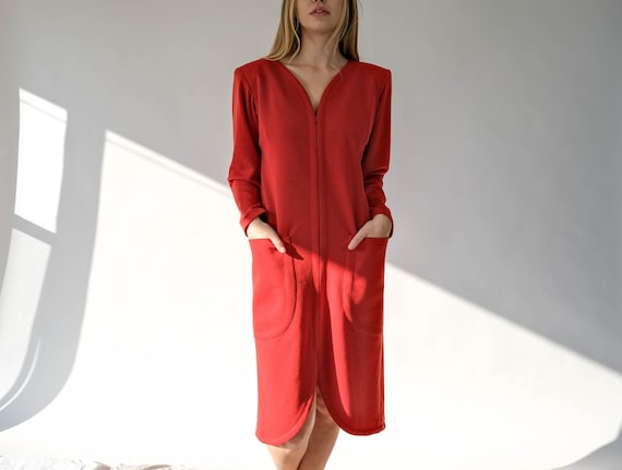 Vintage 80s Yves Saint Laurent Rive Gauche Red Broad Shoulder Wool  