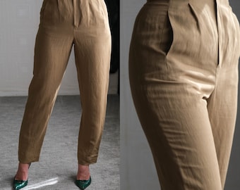 Vintage 90s TAHARI lino verde oliva claro pantalones de pierna cónica de cintura alta sin usar con etiquetas / Hecho en EE.UU. / Lino/Rayón / Pantalones de diseñador de la década de 1990