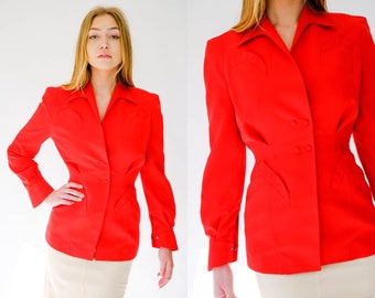 Vintage 80s THIERRY MUGLER Lipstick Red Gabardine Power Blazer w/ Snap Button Waist | Made in France | 1980s MUGLER French Designer Jacket